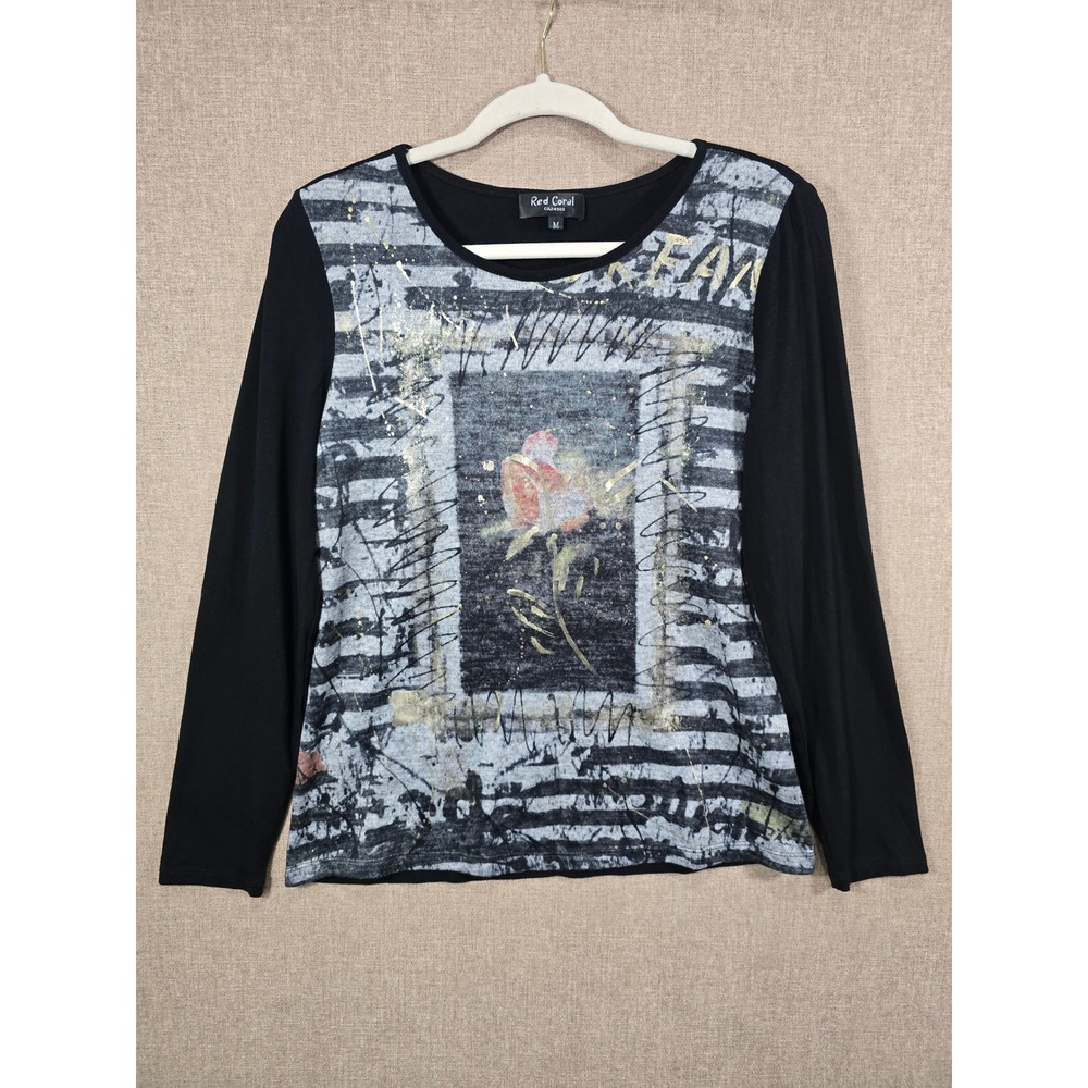 Red Coral Womens Long Sleeve Rose Graphic Foil Accent Top Black Grey Medium